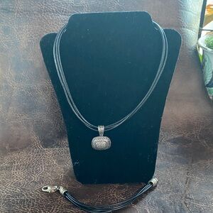 Black Leather Necklace and Bracelet Set with Silver Pendant